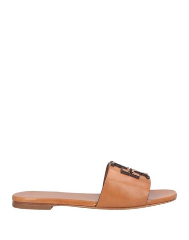 Tory Burch Embossed-logo Leather Slides In Brown