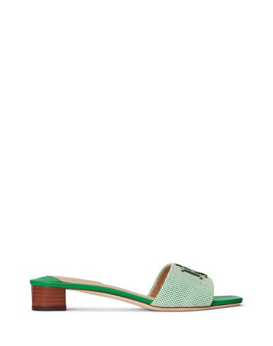 Lauren Ralph Lauren Fay Canvas & Leather Sandal Woman Sandals Green Size 7.5 Textile Fibers, Leather