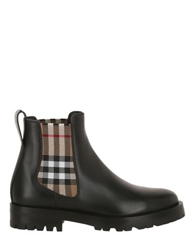 Burberry Check Leather Ankle Boots Woman Ankle Boots Black Size 11 Calfskin, Polyester, Rubber