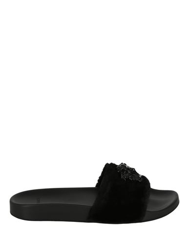 Versace La Medusa Faux Fur Slides Woman Sandals Black Size 8 Polyester