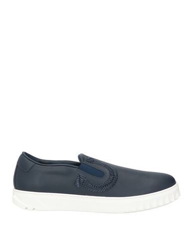 Ferragamo Man Sneakers Navy Size 7 Calfskin, Goat Skin, Elastane In Navy Blue
