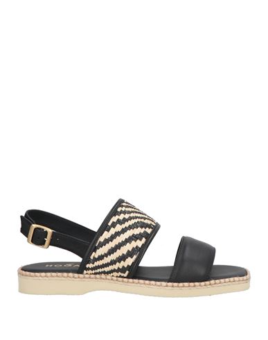 Hogan Woman Espadrilles Black Size 7 Leather, Natural Raffia In Black