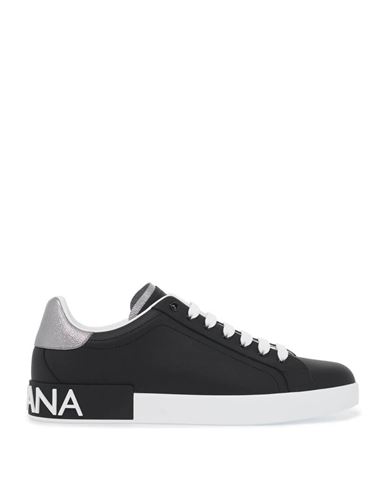 Dolce & Gabbana Portofino Sneakers In Black Leather With Silver Inserts In Black