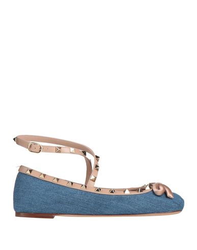 Valentino Rockstud Satin And Leather-trimmed Denim Ballet Flats In Blue