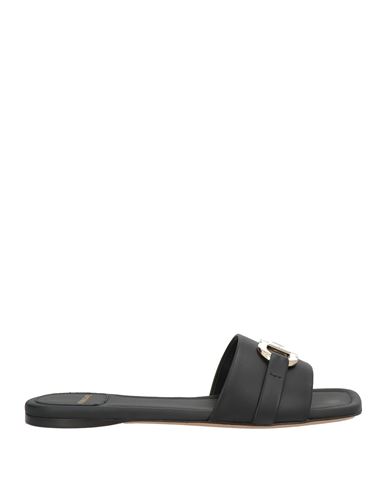 Ferragamo Leather Slides With Flat Sole And Gold-tone Hardware In Black