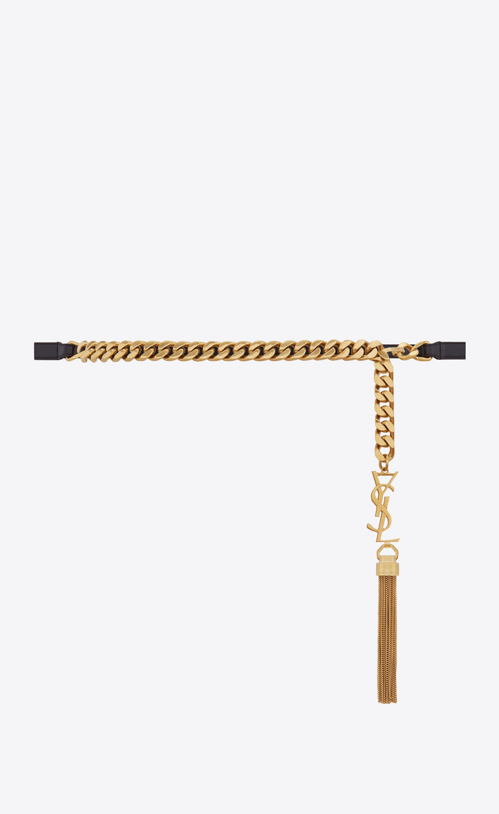 Saint Laurent Monogram Tassel Chain Belt In Black Leather And Gold Toned Metal | 0
