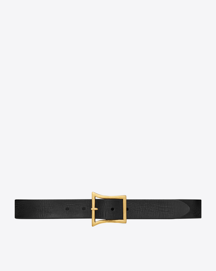 Saint Laurent BOWIE Buckle Belt In Black Brushed Leather And Aged Gold ...