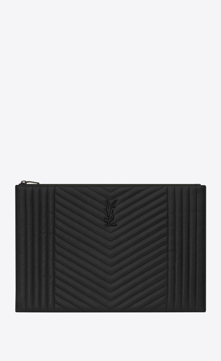 Saint Laurent Monogram Zipped Document Holder In Black Mixed Matelassé