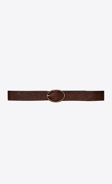 Belt with oval buckle in perforated raw leather