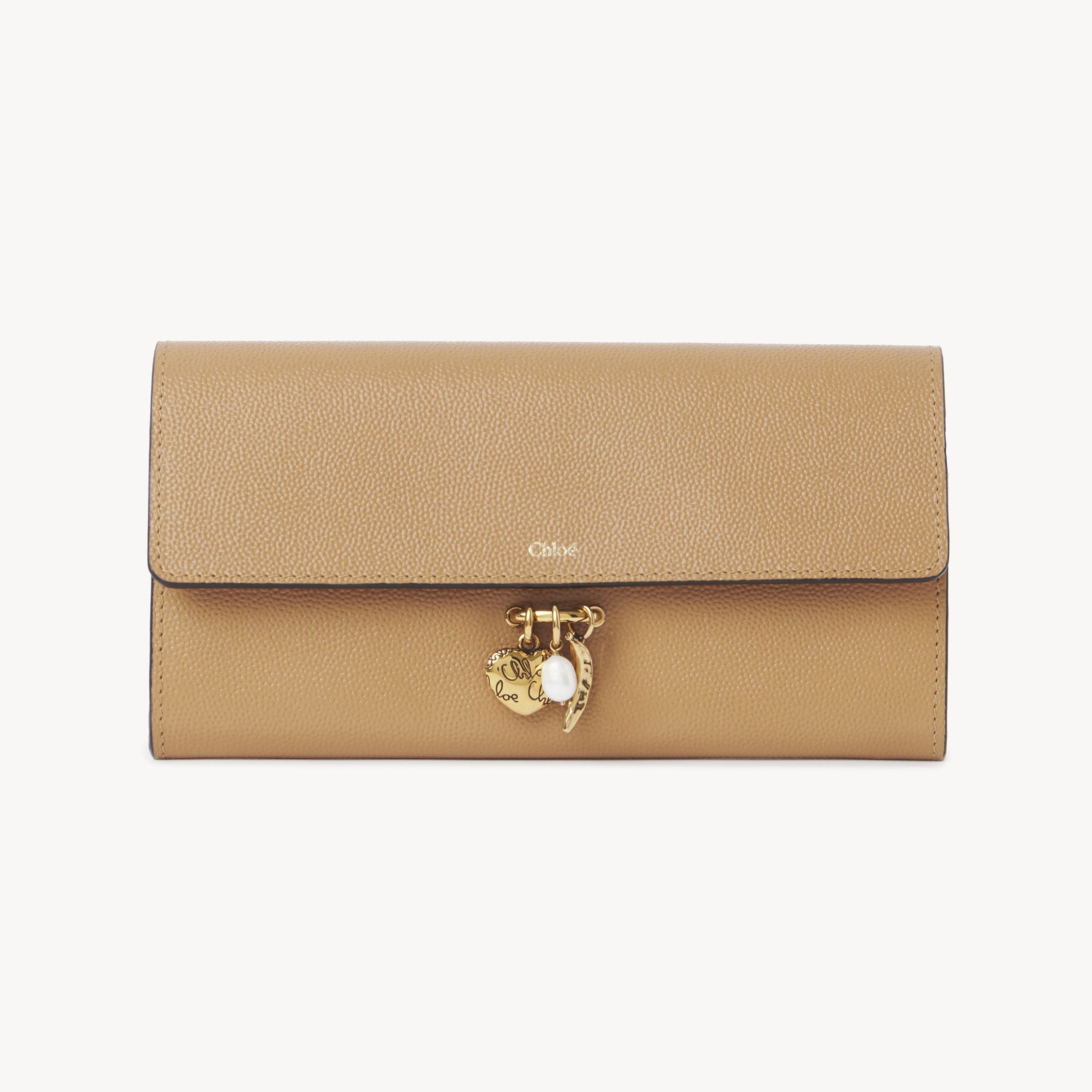 Chloé Charms Long Wallet With Flap In Grained Leather Beige Size Onesize 100% Calf-skin Leather