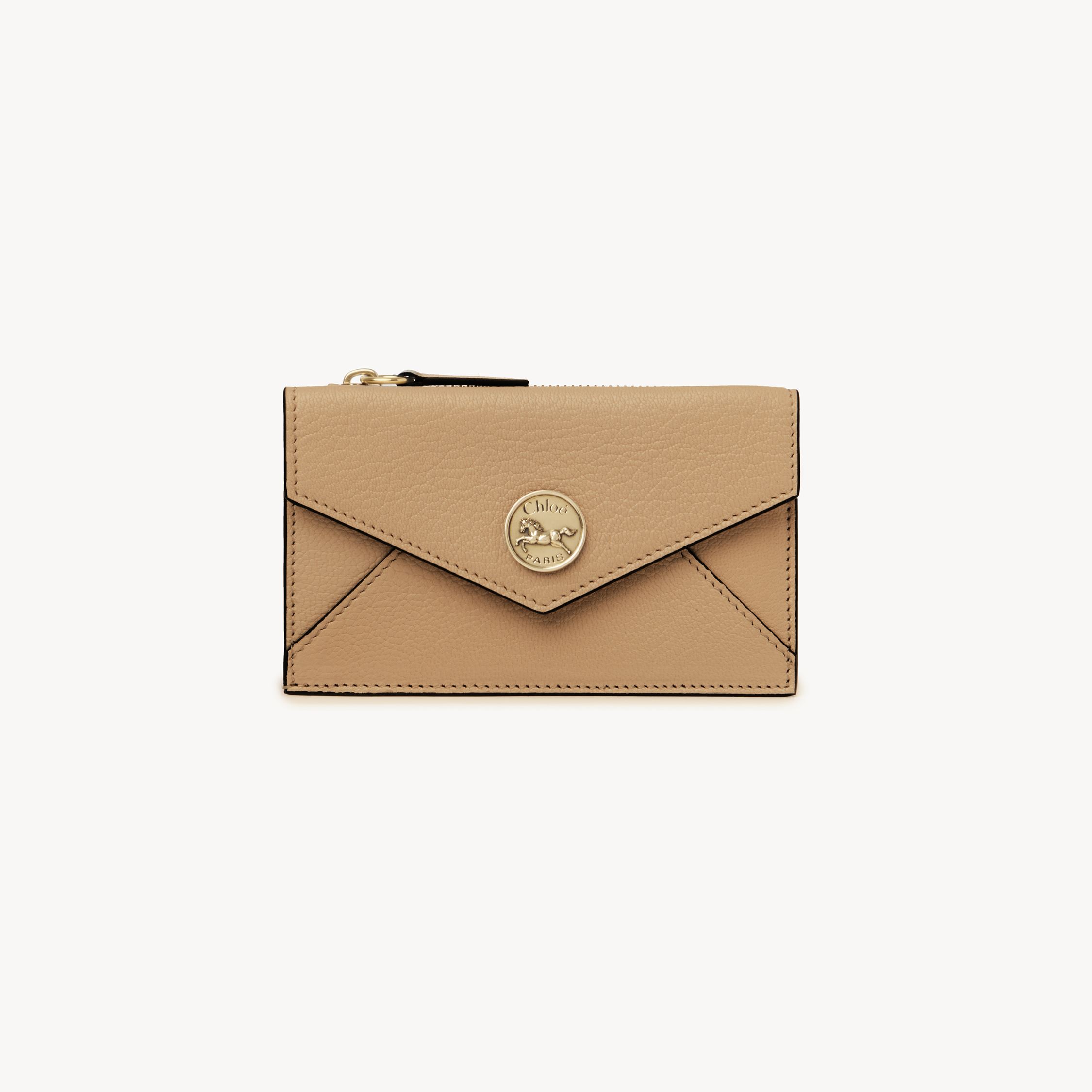 Shop Chloé Small Envelope Purse With Card Slots In Grained Leather Beige Size Onesize 100% Goatskin