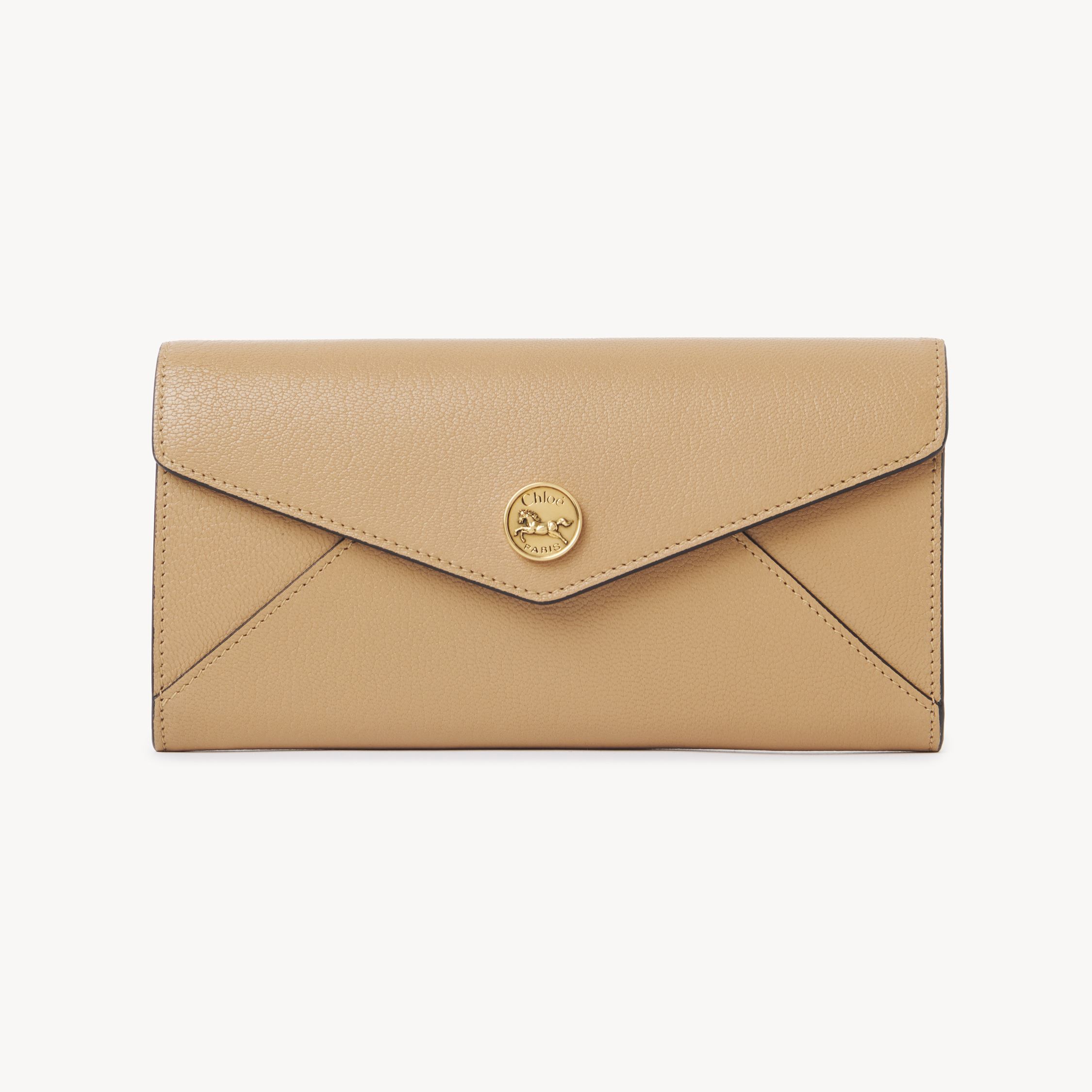 Chloé Envelope Long Wallet With Flap In Grained Leather Beige Size Onesize 100% Goatskin