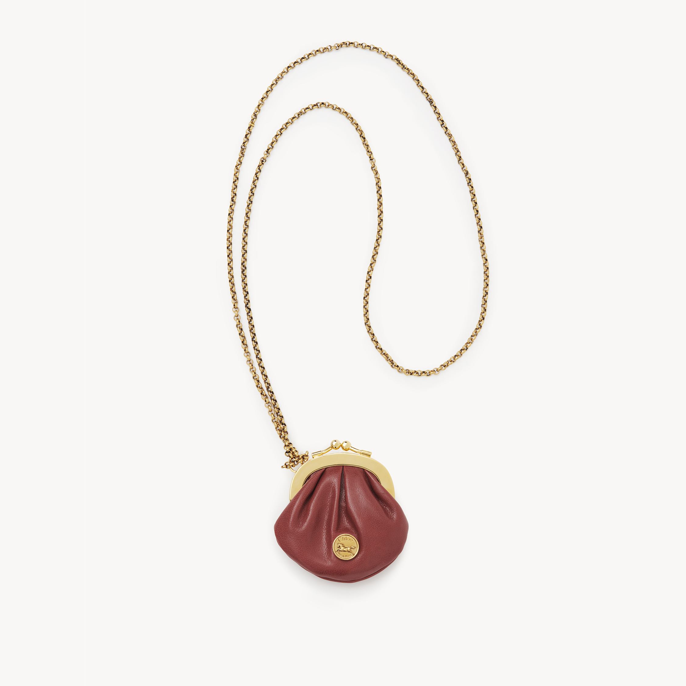 Chloé Micro Horse Medal Coin Purse Necklace In Grained Leather In Gold