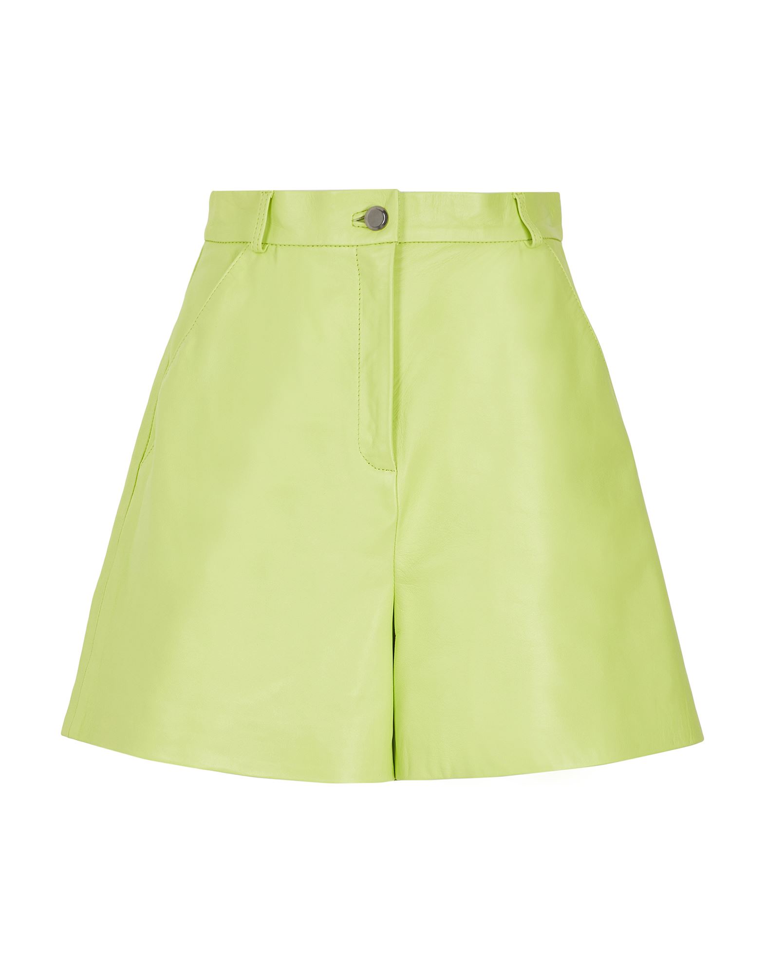 8 By Yoox Leather High-waist Pleated Shorts Woman Shorts & Bermuda Shorts Acid Green Size 12 Lambski