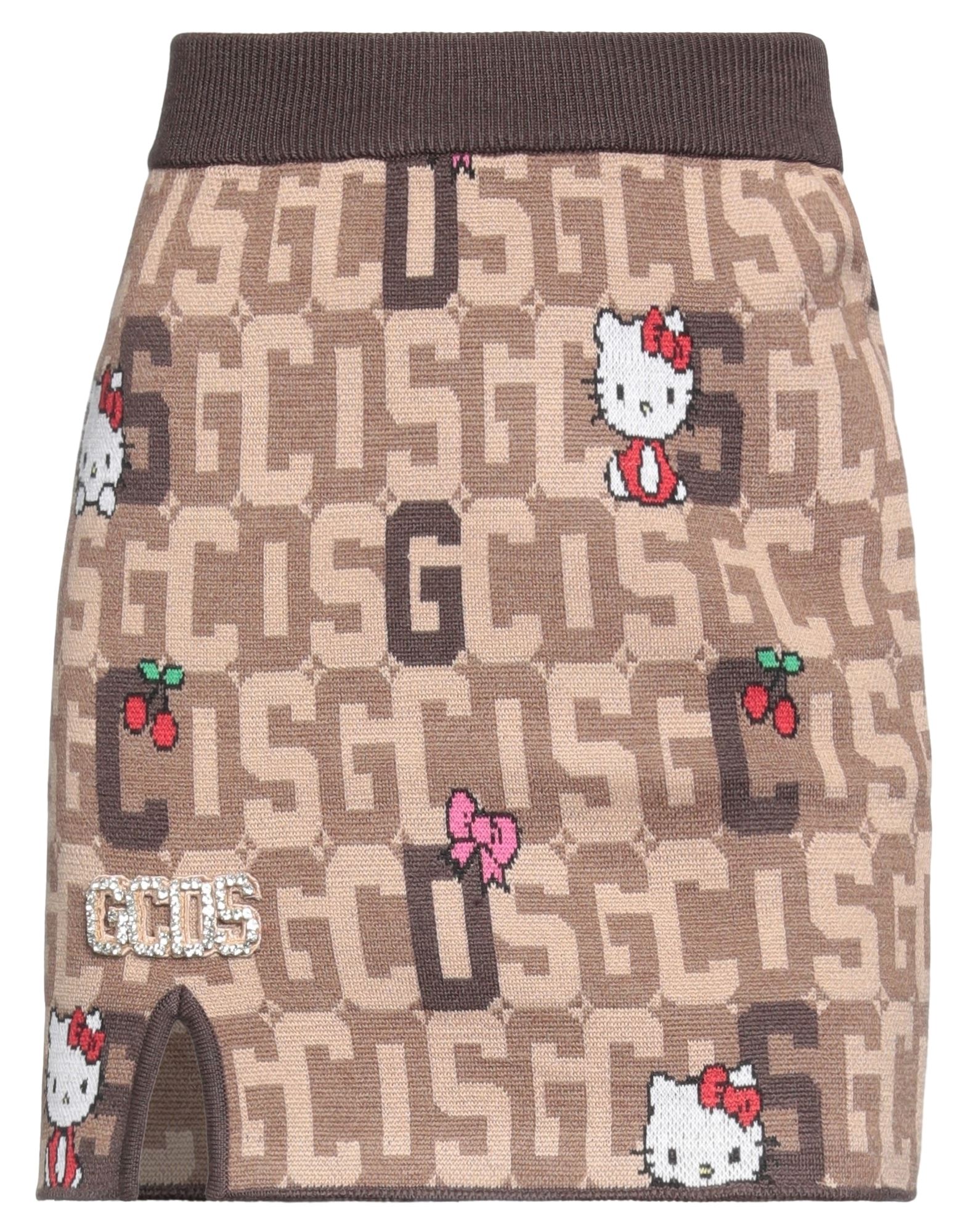 Gcds Brown And Beige Mini Skirt  In Wool Blend Knit With Logo Plate, Hello Kitty Motif And Contrast Jacqu In Camel