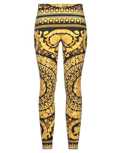 Versace Gold And Black Stretch Fabric Leggings With Baroque Heriatge Print In Black