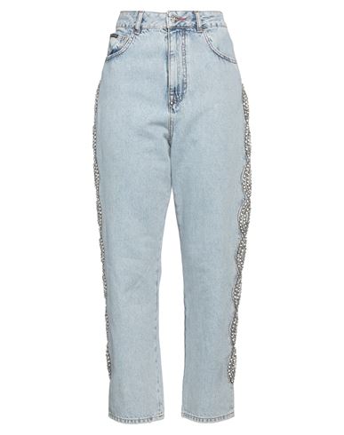 Philipp Plein Woman Jeans Blue Size 26 Cotton, Glass, Polyester