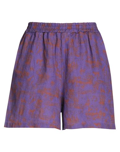 8 By Yoox Printed Linen Pull-on Shorts Woman Shorts & Bermuda Shorts Purple Size 10 Linen