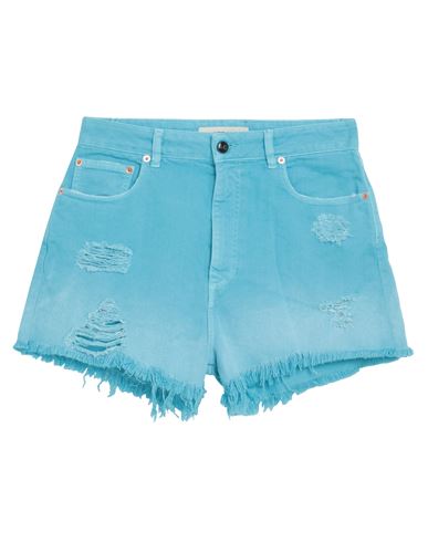 Shop Semicouture Woman Denim Shorts Turquoise Size 30 Cotton In Blue