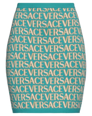Shop Versace Woman Mini Skirt Turquoise Size 6 Cotton, Viscose, Polyamide, Elastane In Blue