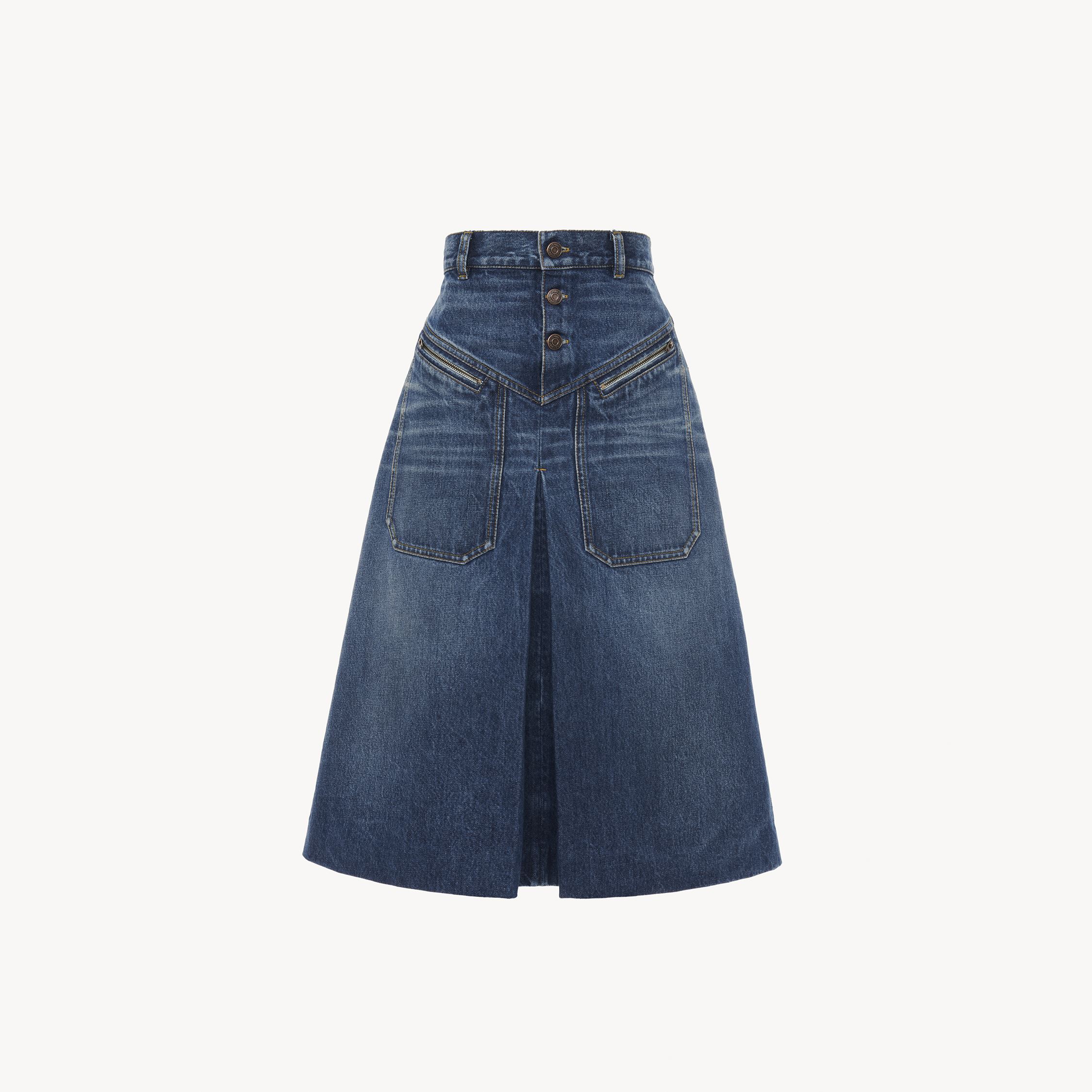 Chloé Knee-length Skirt In Denim Blue Size 6 100% Cotton, Calf-skin Leather