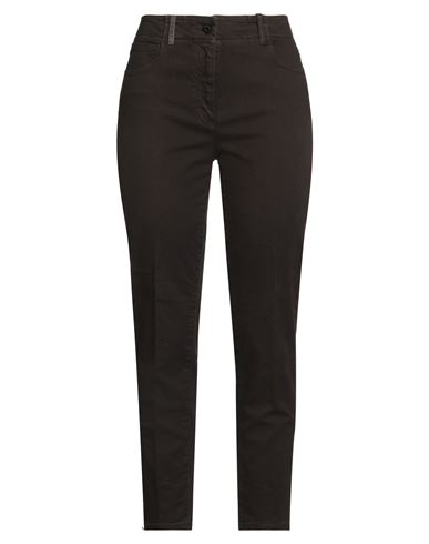 Peserico Woman Jeans Dark Brown Size 12 Cotton, Elastane, Leather In Brown