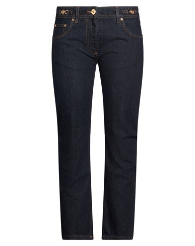 Versace Embellished Cropped High-rise Straight-leg Jeans In Blue