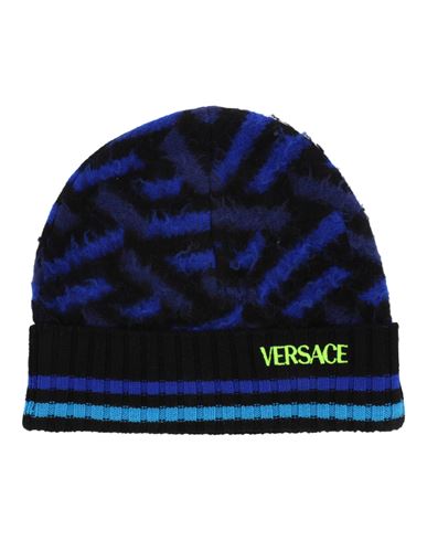 Versace Logo Wool Beanie Man Hat Multicolored Size - Virgin Wool In Blue