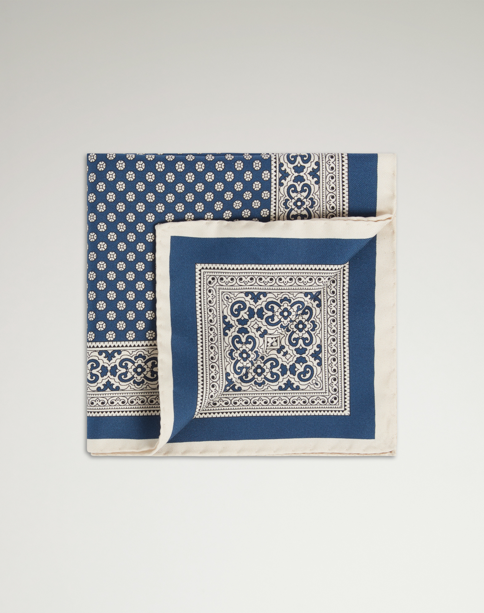 Dunhill Silk Medallion With Decorative Border Pocket Square In Blue