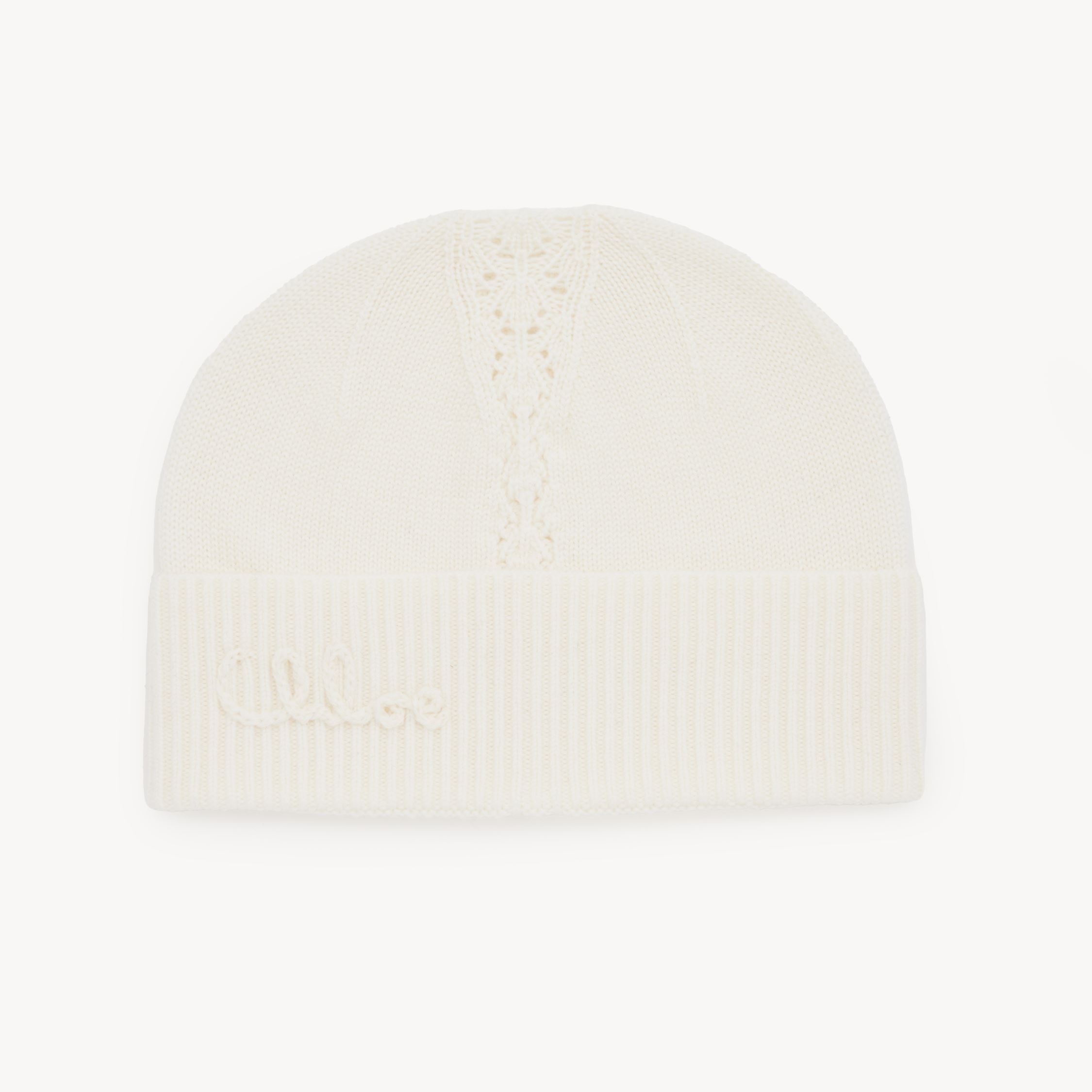 CHLOÉ THE CHLOÉ LACE KNIT BEANIE IN WOOL & LACE JACQUARD WHITE SIZE ONESIZE 100% MERINOS WOOL 