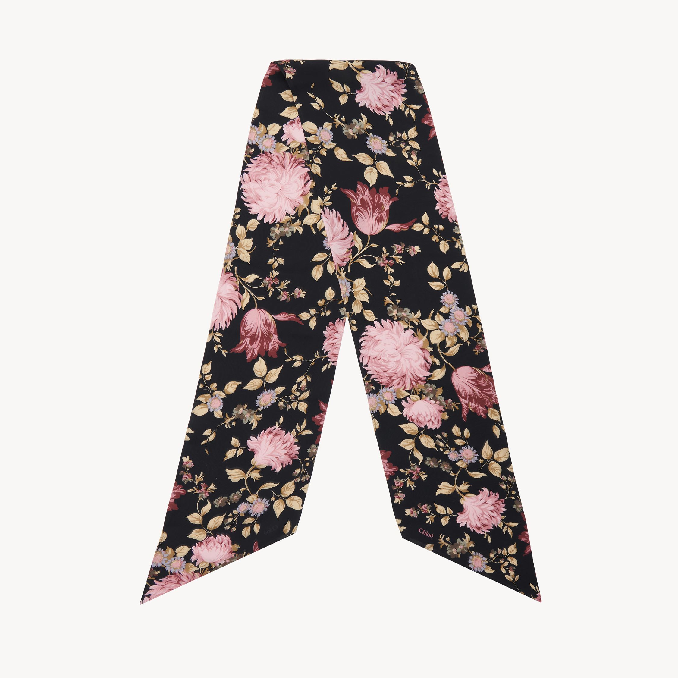 Shop Chloé The  Peonies Wide Bandeau Scarf In Silk Charmeuse Black Size Onesize 100% Silk