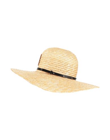 Plan C Woman Hat Beige Size M Straw, Calfskin, Metallic Fiber In Sand