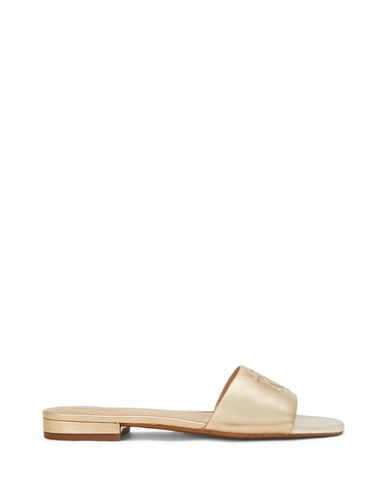 Shop Ralph Lauren Lauren  Everley Metallic Leather Slide Sandal Woman Sandals Platinum Size 8 Sheepskin In Grey