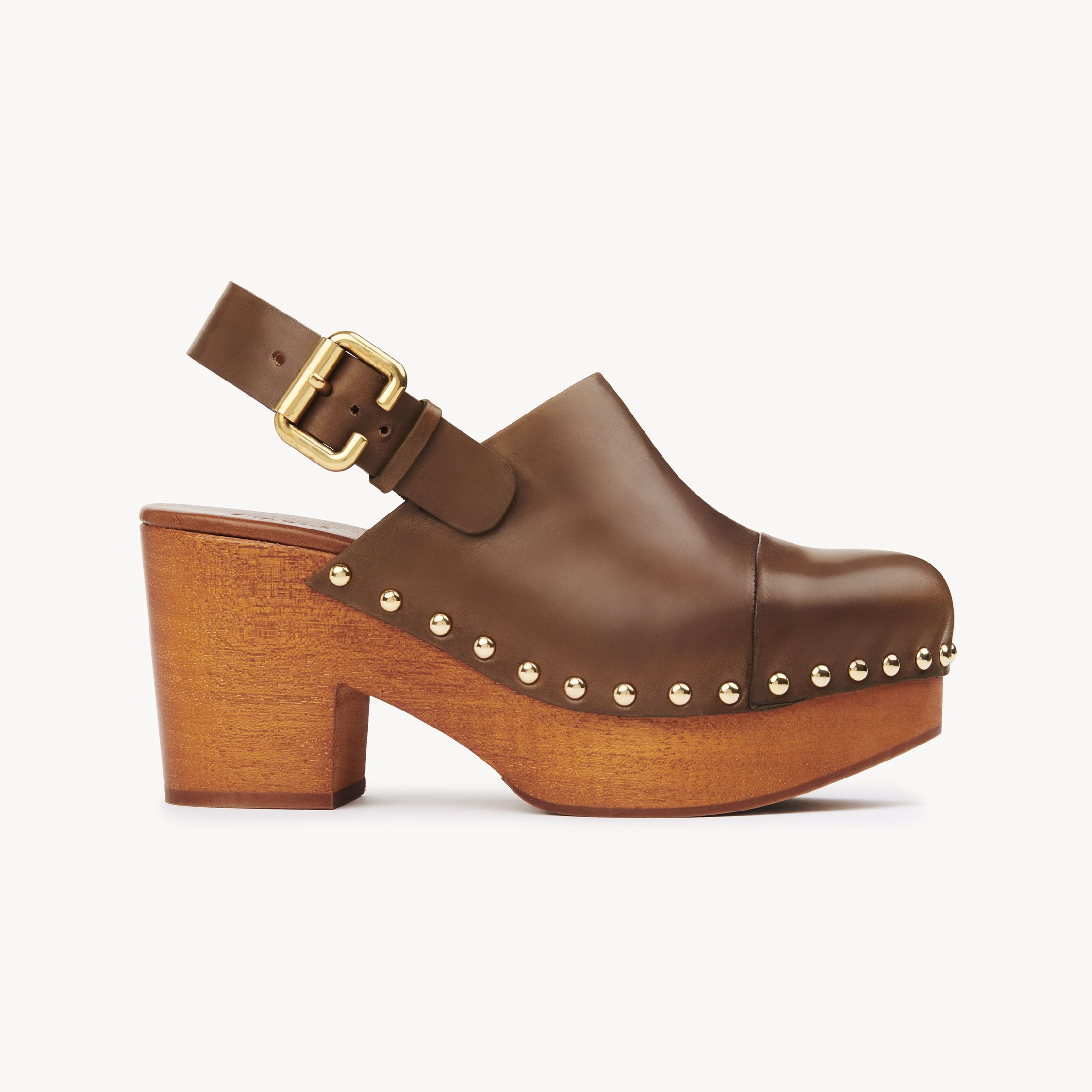 Chloé Jeannette Wedge Clog Green Size 10 100% Calf-skin Leather, Triplochiton Scleroxylon, Farmed, Coo Cam In Brown