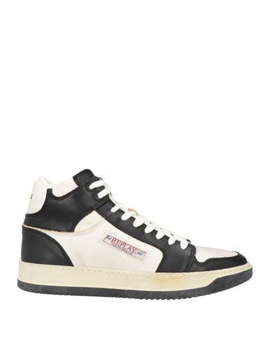 Replay Man Sneakers Ivory Size 9 Leather, Textile Fibers In Black