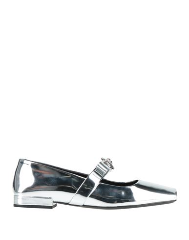 Versace Medusa Bow Open Toe Metallic Mary Jane Flat In Silver