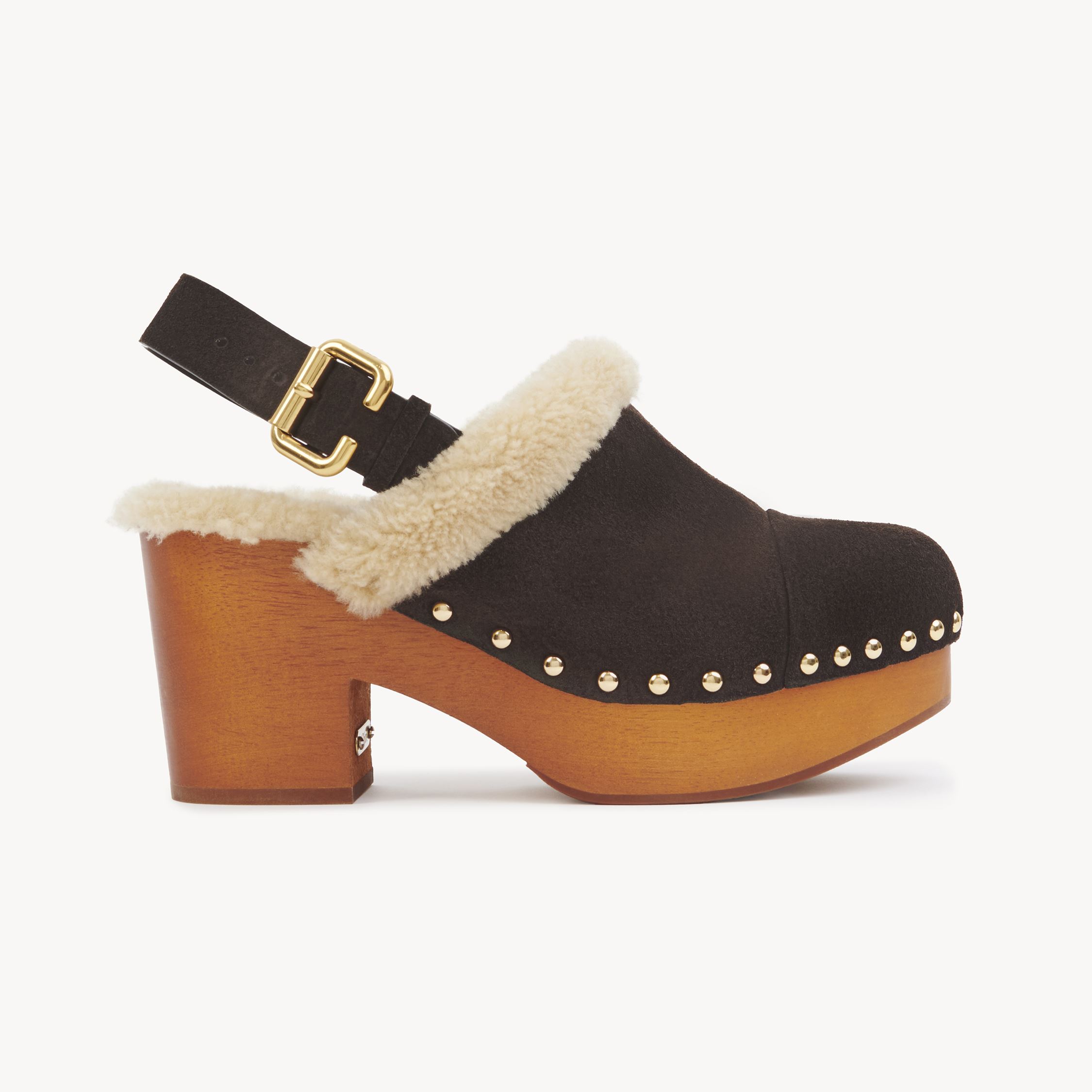 Chloé 80mm Shearling-trimmed Studded Clog In Brown