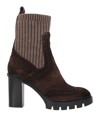 Santoni Woman Ankle Boots Dark Brown Size 6 Leather, Textile Fibers In Brown