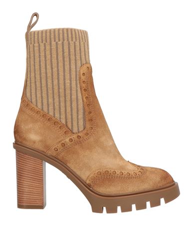 Santoni Woman Ankle Boots Camel Size 6 Leather, Textile Fibers In Nude