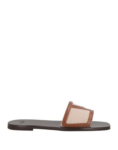 Valentino Star Leather Slide Sandals With Rubber Sole In Brown