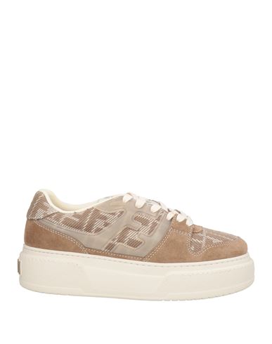 FENDI FENDI WOMAN SNEAKERS LIGHT BROWN SIZE 9 LEATHER, TEXTILE FIBERS