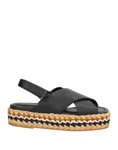 Paloma Barceló Woman Sandals Black Size 7 Calfskin, Natural Raffia