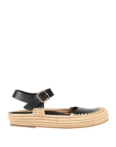 Paloma Barceló Woman Ballet Flats Black Size 8 Cow Leather, Natural Raffia