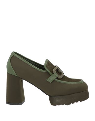 Jeannot Woman Loafers Military Green Size 6 Leather, Textile Fibers