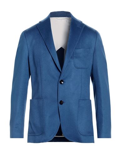 Agnona Man Blazer Slate Blue Size 44 Cashmere, Calfskin, Metal In Blue