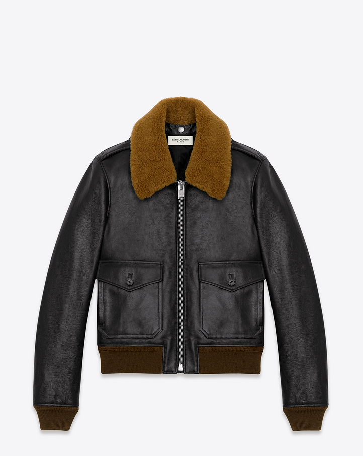 Saint Laurent Classic Flight Jacket In Black Leather And Brown ...