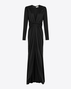 SAINT LAURENT LONG DRESSES D V-Neck Gathered Waist Long Dress in Black Satin f