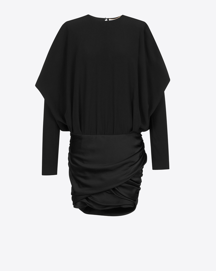 Saint Laurent Draped Shoulder Mini Dress In Black Satin | YSL.com