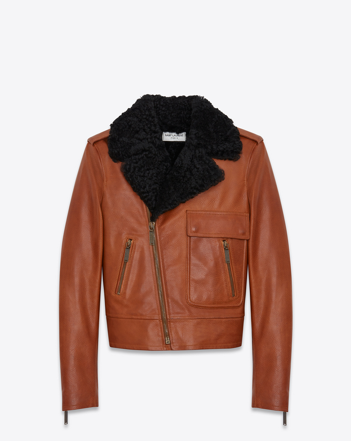 Saint Laurent Motorcycle Jacket In Cognac Leather And Black Shearling ...