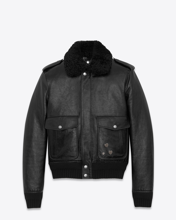 Saint Laurent Bomber Jacket With Pins In Black Leather And Shearling